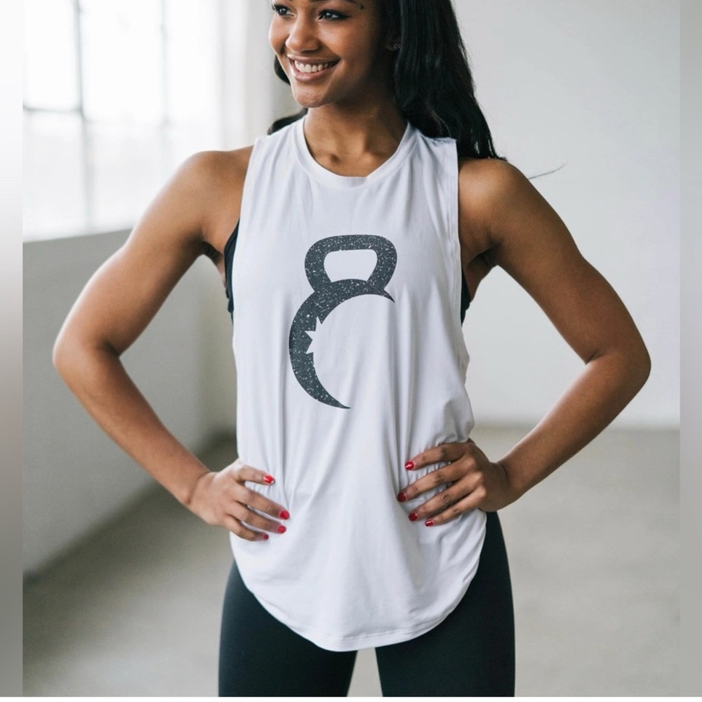 ZYIA White Muscle Tee with Kettlebell Graphic